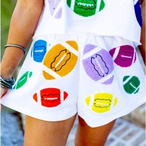 Queen of Sparkles White Fuzzy Multi Color Football Shorts 🏈 Size Large